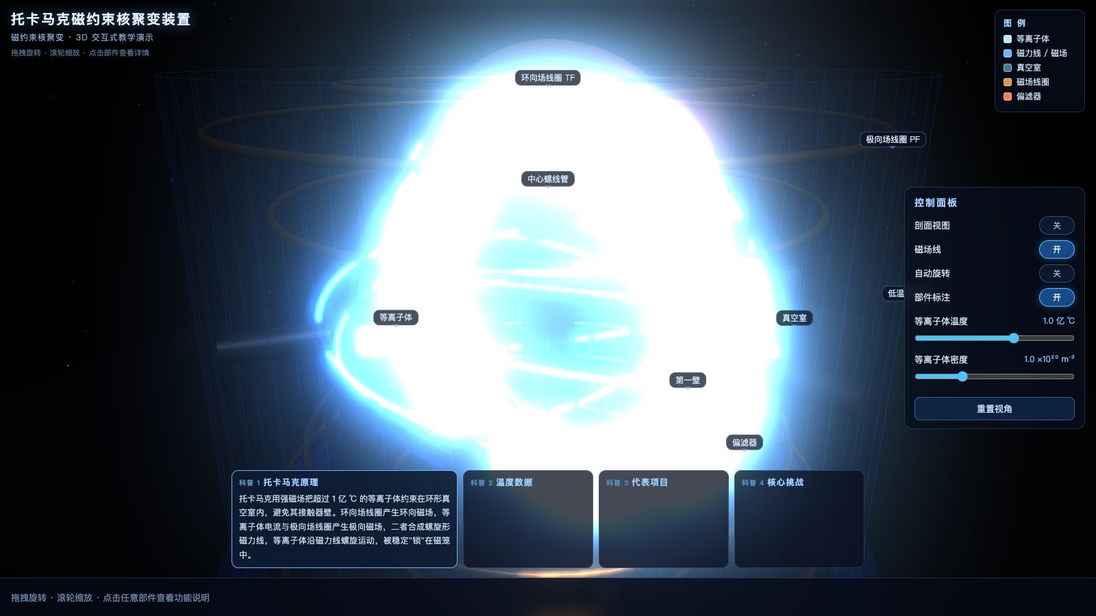 Play 托卡马克磁约束核聚变 · 3D 交互教学演示 - Free Simulation game online